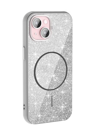 Apple Uyumlu iPhone 15 Plus Kılıf M-safe Şarj Özellikli Parlayan Simli Zore Okso Kapak 1