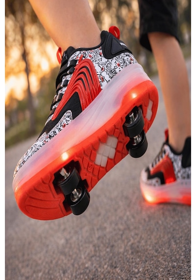 Muggo Flow Çocuk Işıklı Patenli Tekerlekli Sneaker Spor Ayakkabı Siyah - Kırmızı