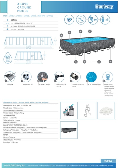 Bestway Apx 365 561kg Dikdörtgen Prefabrik Havuz Seti 7,32 M X 3,66 M X 1,32 M