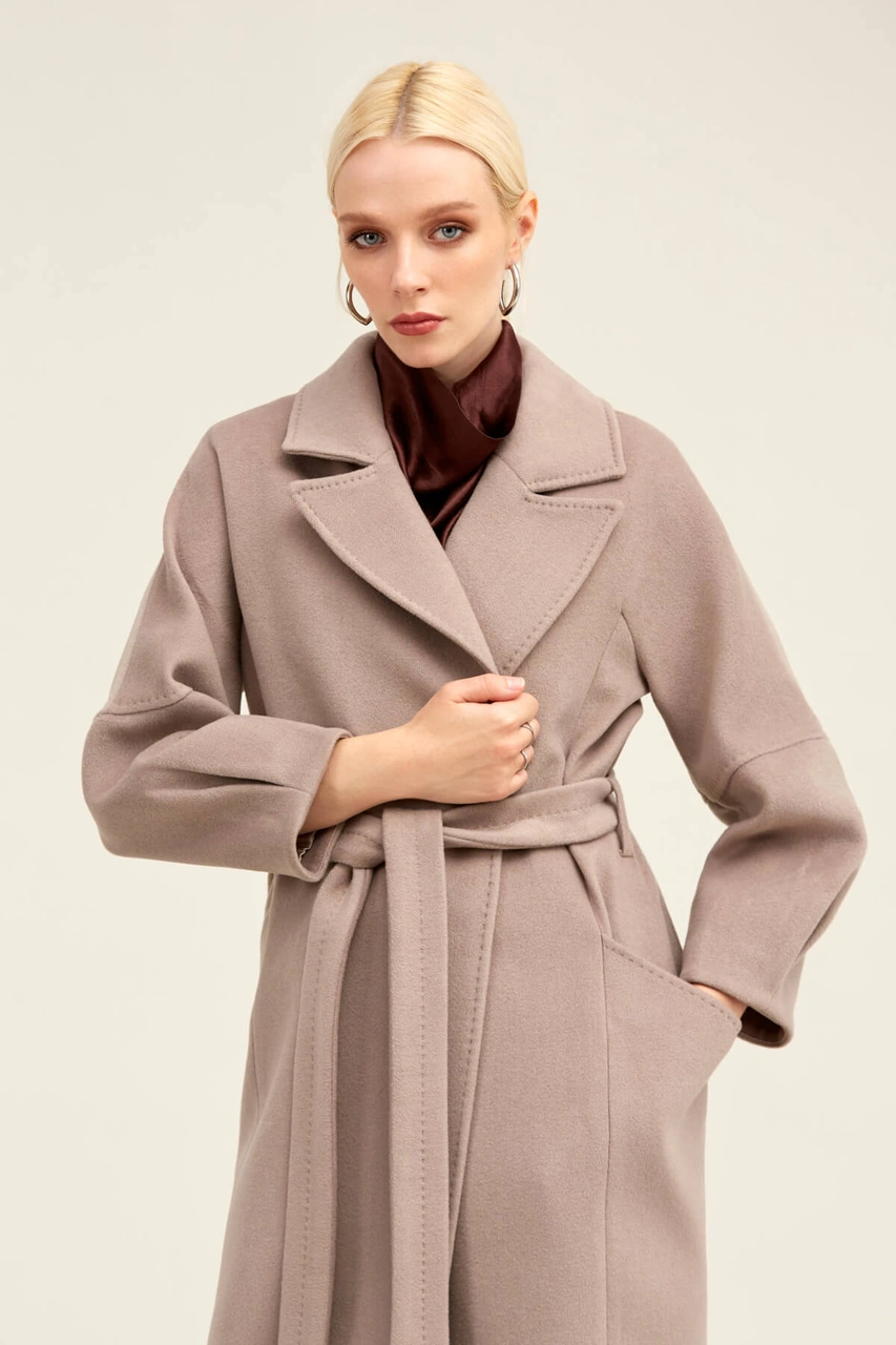 Hatemoğlu Saykı Woman Taş Regular Fit Ceket Yaka Kaşe Yünlü Oversize Manto Taş
