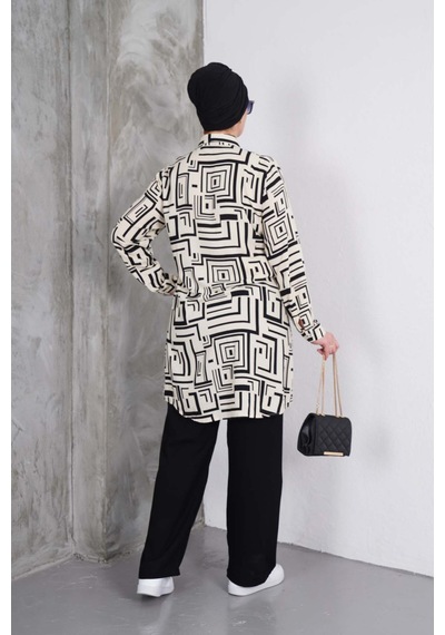 Polologin Butik Siyah Labirent Çizgili Tunik Ve Siyah Pantolon Takım Krem Siyah