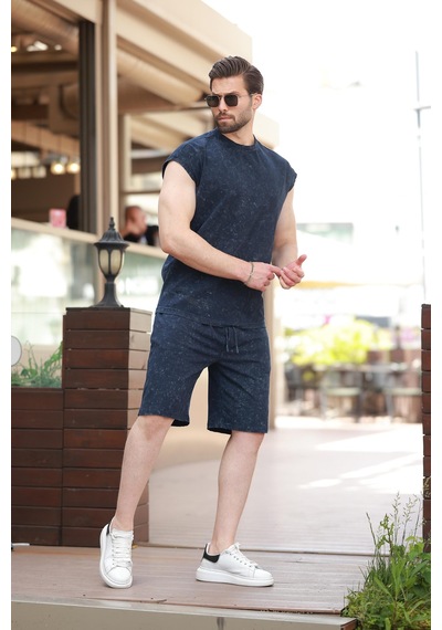 Madmext Lacivert Basic Erkek Yırtık Detaylı Şort T-shirt Takım E7319