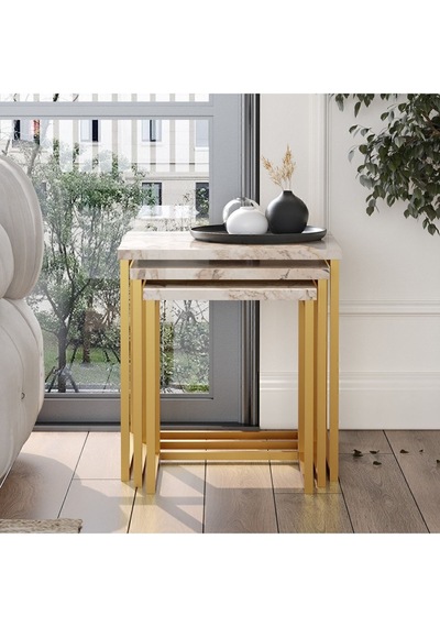 Atlantis 3'lü Gold Metal Zigon Sehpa Mermer Desen Atl7-ge Beyaz