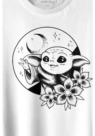 Baby Yoda Star Wars Mandalorian Ay Hilal Silüeti Baskılı Tişört Unisex T-shirt 001