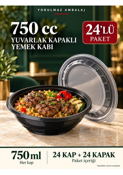750 Cc Yuvarlak Kapaklı Yemek Kabı 24 Lü Set Siyah Paket Servis Ve Porsiyon Kabı
