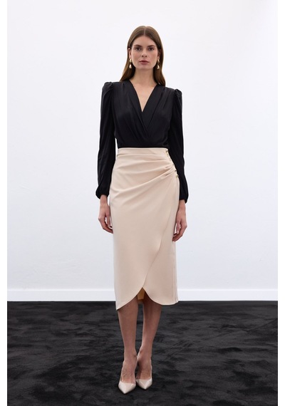 Sateen Düğme Detaylı Kalem Etek - Bej-136777 Bej