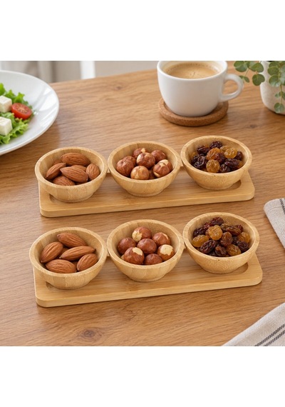 Bambu Üçlü Sosluk Stantlı - 2 Li Set Kahverengi