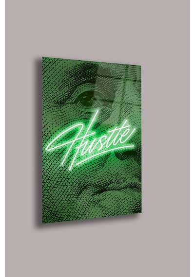Neon Hustle Yazı Tasarım Cam Tablo Beyaz