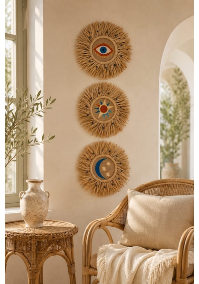 Momiko The Celestial Trilogy , Sun Moon Eye , Gökyüzü 3'lü El Yapımı Hasır Duvar Dekoru 35 Cm -