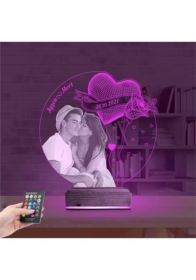 Luvivia Kalp Gül Sevgiliye Hediye Fotoğraflı 3d Lamba - Masa Gece Lambası V2