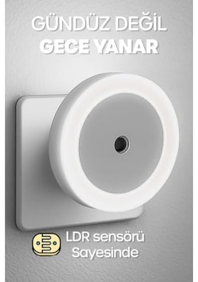 Yuvarlak Otomatik Gece Lambası, Işığa Duyarlı Ldr Sensörlü, Fotoselli Beyaz