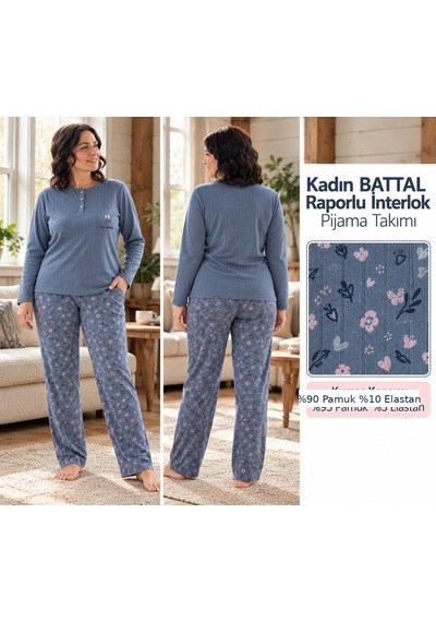 Lana Kadın Battal Pamuk Likralı Raporlu İnterlok Kışlık Pijama Takımı 245/16 - 1 Adet Mavi