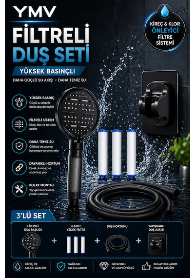 Ymv Siyah Lüx Filtreli 3 Lü Duş Seti Masajlı Fonksiyonlu Duş Başlığı Hortum Ve Askı Tam Set