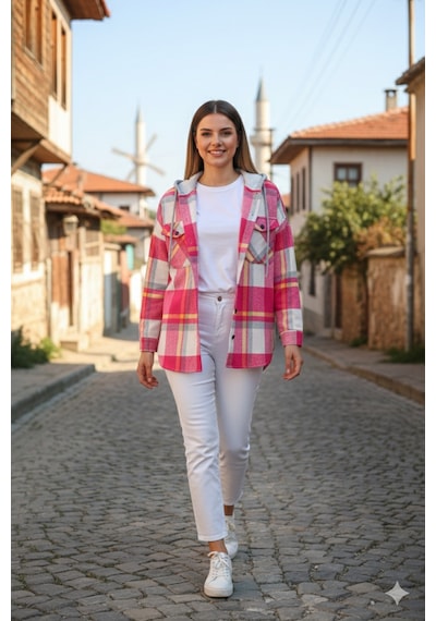 Polologin Butik Kadın Kapşonlu Oduncu Gömlek Pembe Çok Renkli Pembe