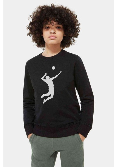 Tshirthane Silhouette Volleyball Baskılı Unisex Çocuk Siyah Sweatshirt Siyah