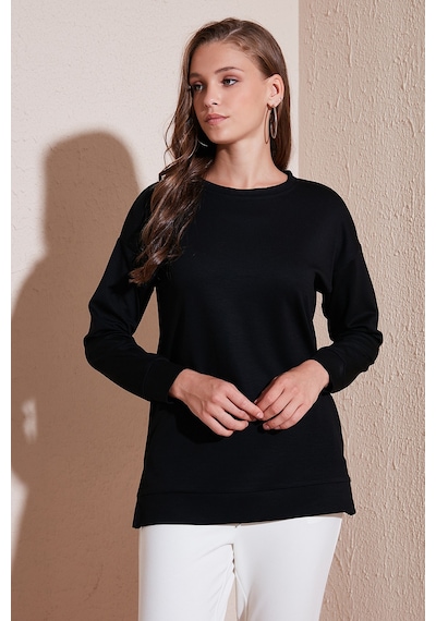 Lela Streç Oversize Fit Bisiklet Yaka Modal Kumaş Bayan Sweat 5865877 Siyah