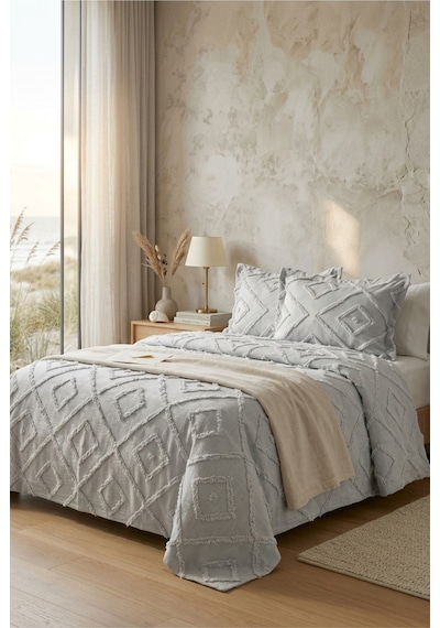 Çift Kişilik Yatak Örtüsü Takımı 250 X 260 Cm Valonlu Model 2 Adet 50 X 70 Yastık Kılıfı Gri