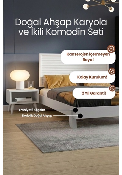 Ebruli Yatay Başlıklı Masif Ahşap Karyola Ve 2 Beyaz 90x200