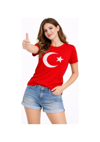 Butik İstanbul T-shirt Kısa Kol Bisiklet Yaka Ay Yıldız Bayrak Baskılı Tişört - Kırmızı