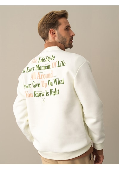 Xint Ekru Oversize Bisiklet Yaka Pamuklu Sweatshirt 300281