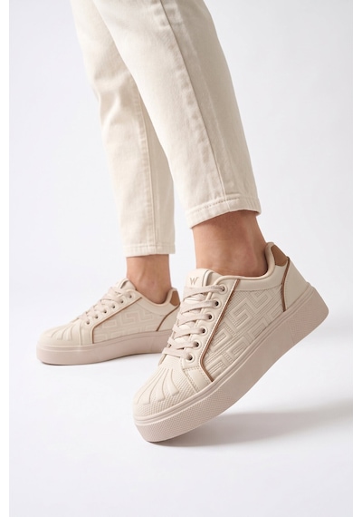 Walkway Bej Bağcıklı Kalın Rahat Tabanlı Kadın Casual Yürüyüş Ayakkabı Sneaker 26201