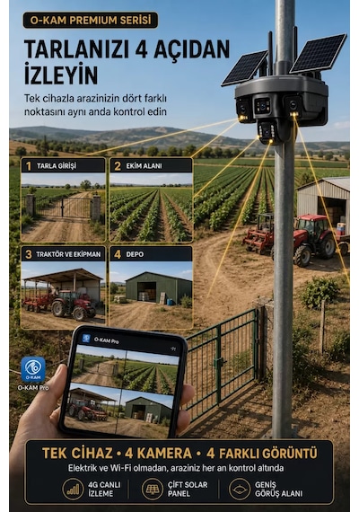 O-kam Ok335 Premium Serisi 12mp 4 Kameralı 4g Çift Solar Panel Gece Görüş 180gb 12ayx15gb İnternet +128gb Hafıza Akıllı Kamera