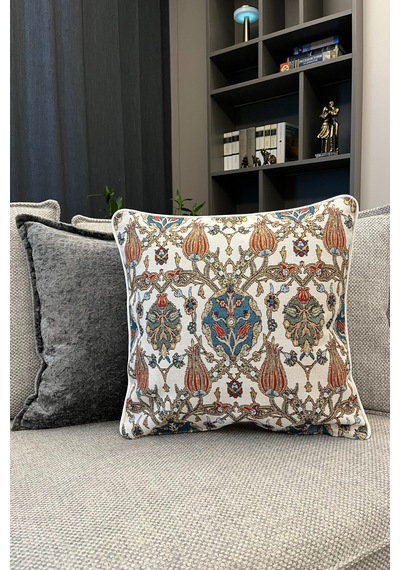 Kırlent Kılıfı Goblen Dokuma Kumaş - 45x45cm Çift Taraflı Biyeli Dekoratif Kırlent Kılıfı - Vs-1067 Çok Renkli