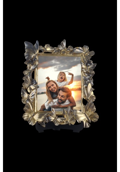 Kelebek Desenli Polyester Fotoğraf Çerçevesi - Altın
