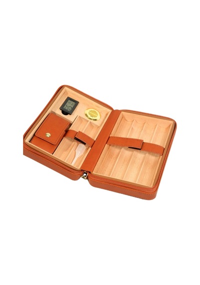 Cohiba Dahili Çakmak Açık Kahverengi Deri Puro Taşıma Çantası & Seyahat Humidoru