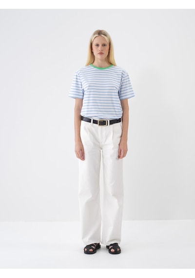 %100 Pamuk Oversize Çizgili Tişört 24yb02602335-06 Mavi