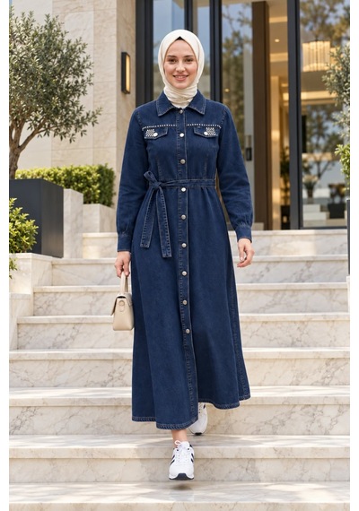 Hb Harma Time Butik Kadın Düğmeli Boncuk İşlemeli Kuşaklı Kot Lacivert Elbise