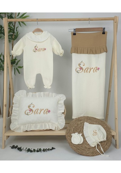Gros Shop Müslin Yeni Doğan 4katlı Organik %100pamuk Kişiye Özgü Nakışlı Hastane Çıkış Seti Papatya Model-13 Ekru-2