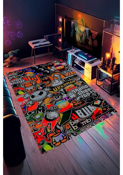 Sticker Bomb Karışık Desen Yıkanabilir Kaymaz Taban Genç Odası Halısı Gnc8