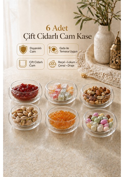6 Adet Çift Cidarlı Cam Kase Seti Reçellik, Lokumluk, Çerezlik Ve Drajelik Şık Sunumluk 8x4 Cm Şeffaf
