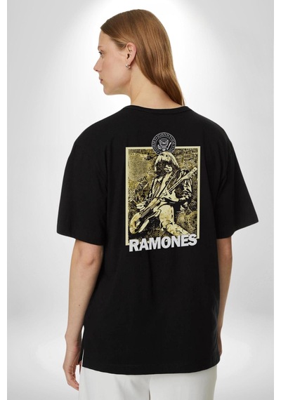 Ramones Rock Kulüp Pamuklu Unisex Oversize Sırt Dijital Baskılı Siyah T-shirt Siyah
