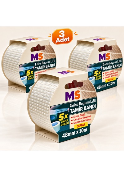 3 Adet Enine Boyuna Lifli Şeffaf Tamir Bandı 48mm X 10 Metre 5 Kat Daha Güçlü Metal Plastik Bantı