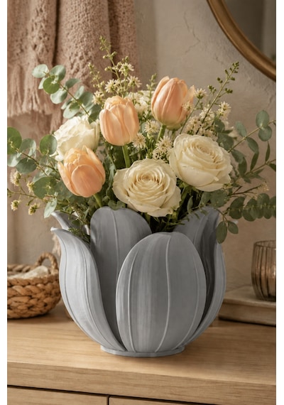 3d Baskı Lotus Yapraklı Vazo - Dekoratif Çiçeklik-gri Çok Renkli