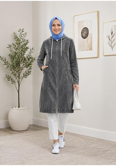 Hb Harma Time Butik Kadın Kapüşonlu Cepli Fermuarlı Gri Kot Kap
