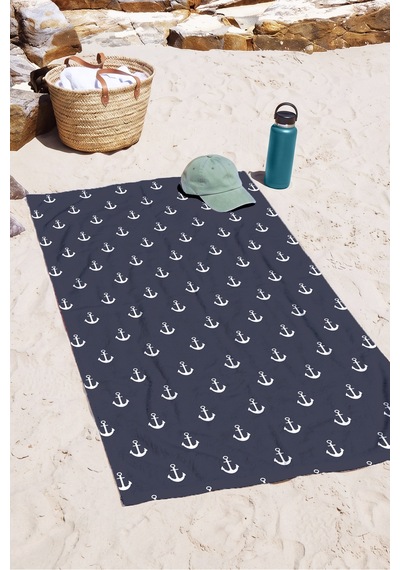 Çapa Marine Lacivert Plaj Havlusu - Nautical Minimalist Beyaz Hızlı Kuruyan Mikrofiber Havlu Eski Armut