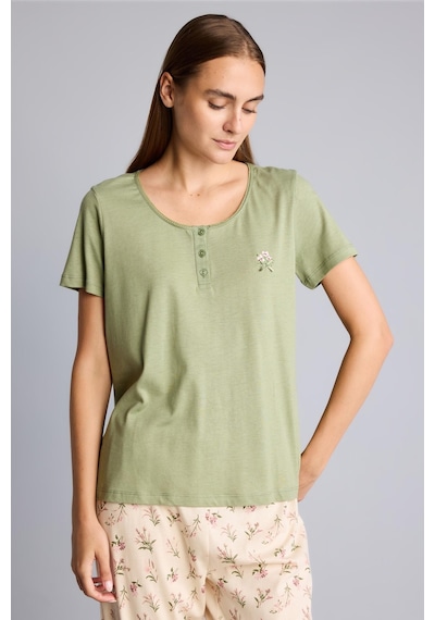 Defacto %100 Pamuk Regular Fit Kısa Kollu İşlemeli Üst Çiçekli Geniş Paça Alt 2li Pijama Takım I6408ax26aukh461 Haki-kh461