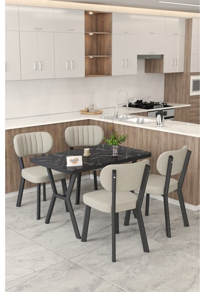 Gnr 70x110cm Sabit Siyah Mutfak Masası Takımı, Yemek Masası, 4 Modern Krem Sandalye Krem