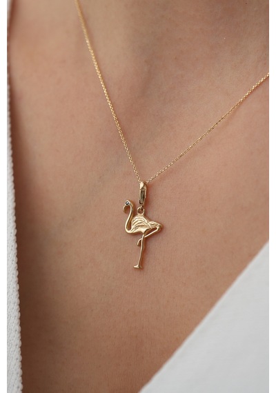 14 Ayar Altın Siyah Taşlı Minimal Flamingo Kolye Sarı Altın