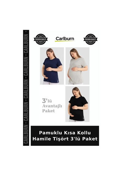 Carlburn Premium Pamuklu Kısa Kollu Hamile Tişört 3'lü Paket Alternatif Özel Dönem Esnek Üst Siyah Lacivert Gri