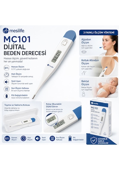 Mesilife Mc101 Dijital Ateş Ölçer Hassas Ölçüm Özellikli Dijital Derece Ağız, Koltuk Altı Ve Rektal Kullanım Ateş Ölçer