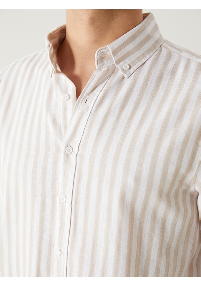 Lcw Vision Bej Regular Fit Uzun Kollu Çizgili Poplin Erkek Gömlek