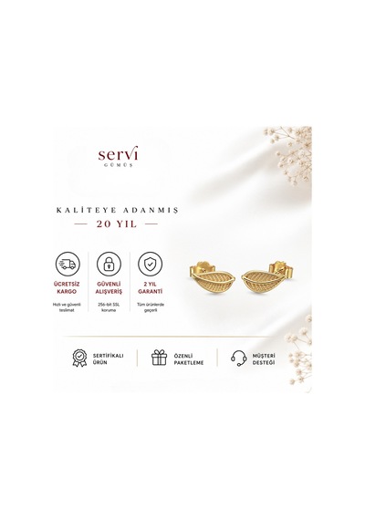 Servi 925 Ayar Gümüş Golden Leaf Yaprak Küpe-543 Altın - Gümüş