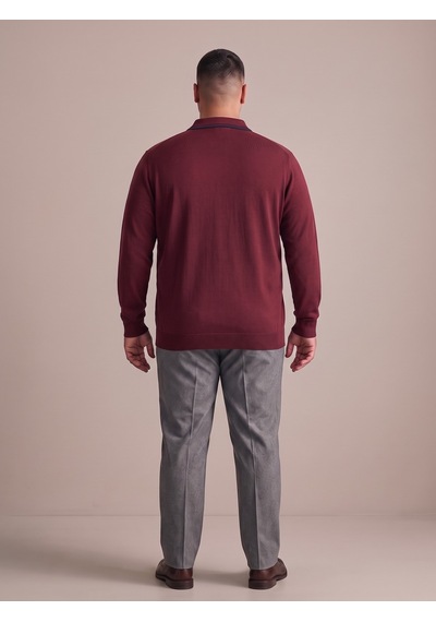 Maccali Erkek Bordo Büyük Beden Gizli Fermuarlı Polo Yaka Triko Sweatshirt