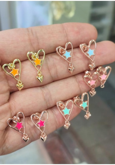 Mineli Yıldızlı Sallanan Kalpli Gümüş Küpe Pembe Altın