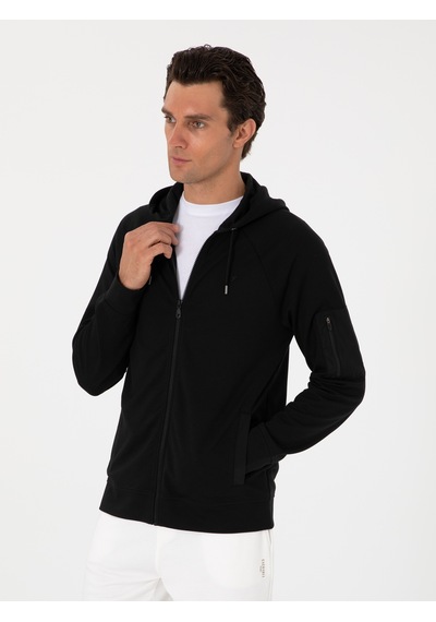 Siyah Regular Fit Tam Fermuarlı Kapüşonlu Sweatshirt