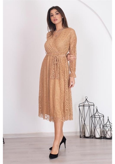 Neşeli Butik Kadın Camel Kuşaklı Kruvaze Yaka Astarlı Dantel Elbise Rssn31 Camel